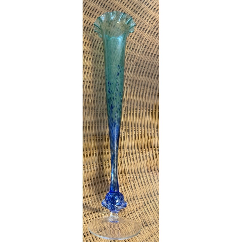 Vintage Murano Teal To Blue Jack-In-The-Pulpit Calla-Lily Vase, 13" Delicate
